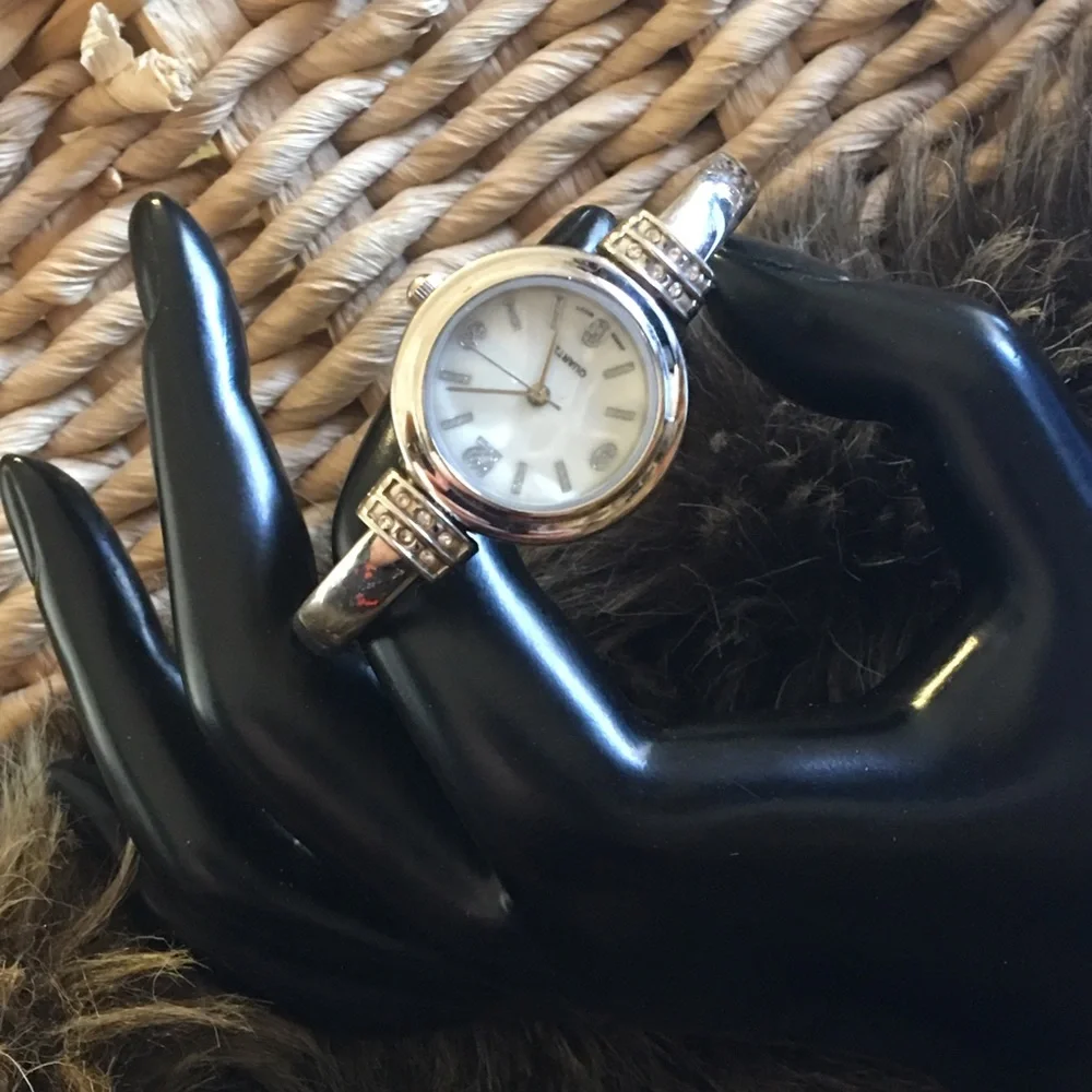 Ladies shiny silver rhinestone accent cuff watch